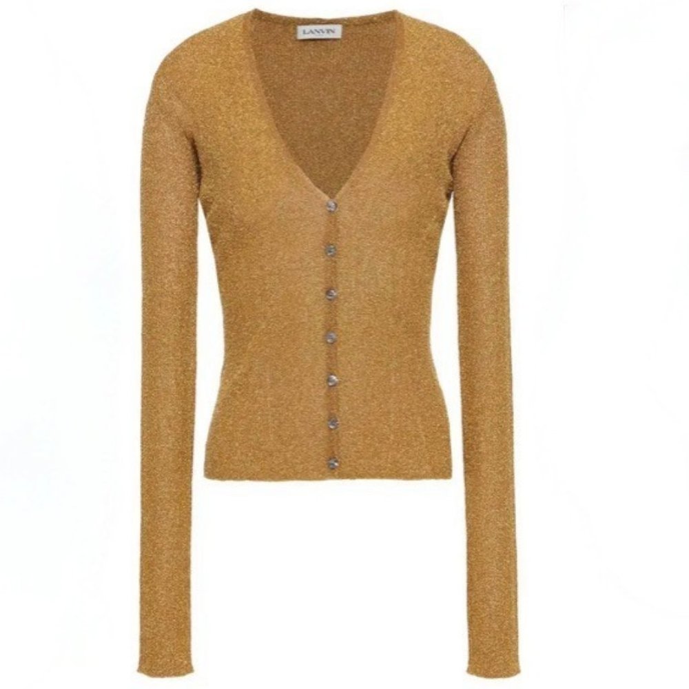 🥳🥂5 X HP🥂🥳 LANVIN METALLIC RIBBED-KNIT CARDIGAN IN GOLD
